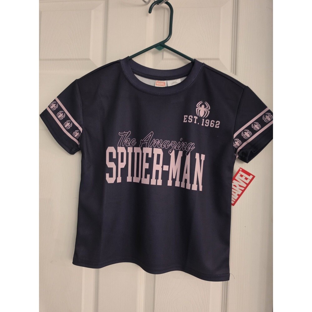 Marvel The Amazing Spider-Man Girls Jersey Shirt Navy Pink Size 10/12 M NWT